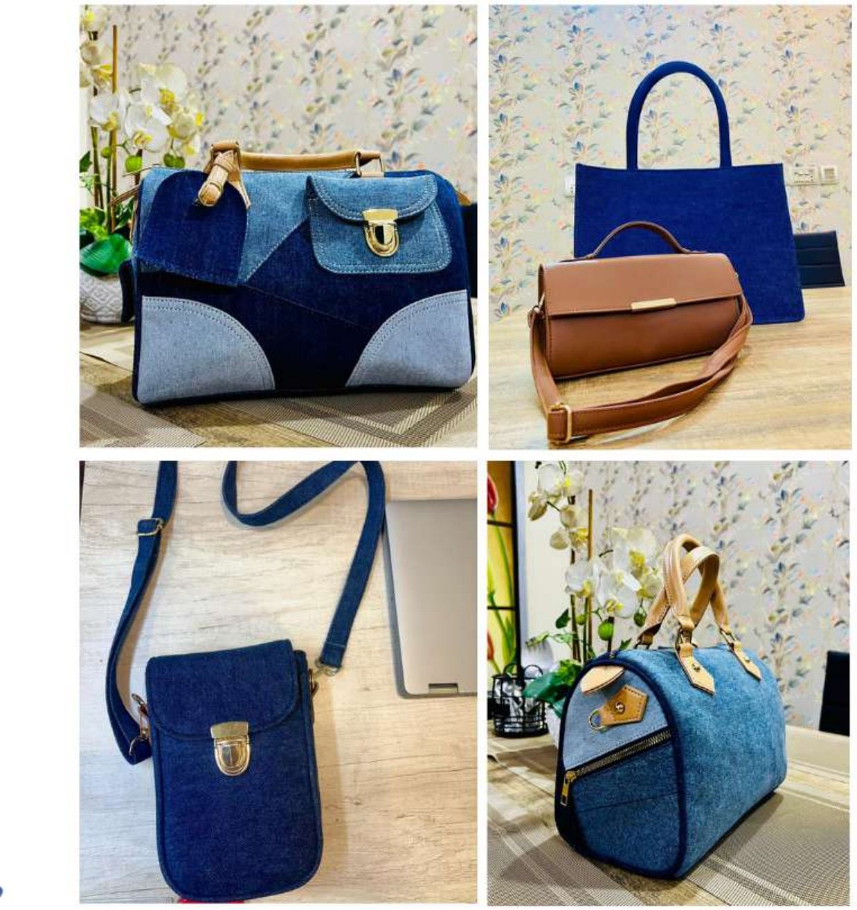 Custom denim and leather handbags